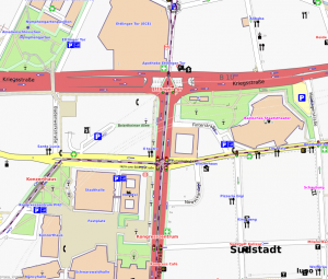 The area around the Ettlinger Tor, Karlsruhe, including some dismantled railways (data by openstreetmap.org and its contributors, CC-by-SA) The area around the Ettlinger Tor, Karlsruhe, including some dismantled railways (data by openstreetmap.org and its contributors, CC-by-SA)